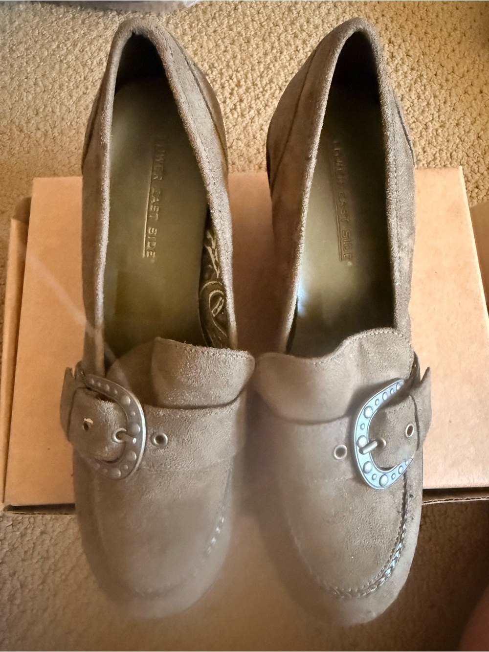 Vintage Lower Eastside women’s Suede shoes  Wedge Heel Tan with Studded Buckle